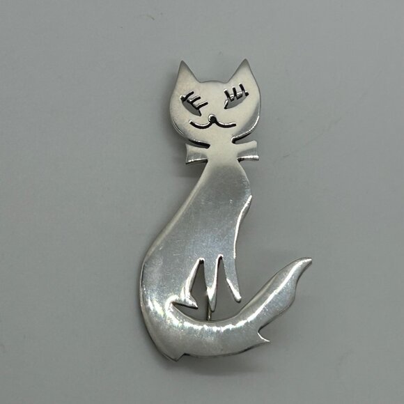 Vintage Sterling Silver Cat Brooch Pin 925 Mexico Handmade 2 Inches 1989 - Picture 2 of 11